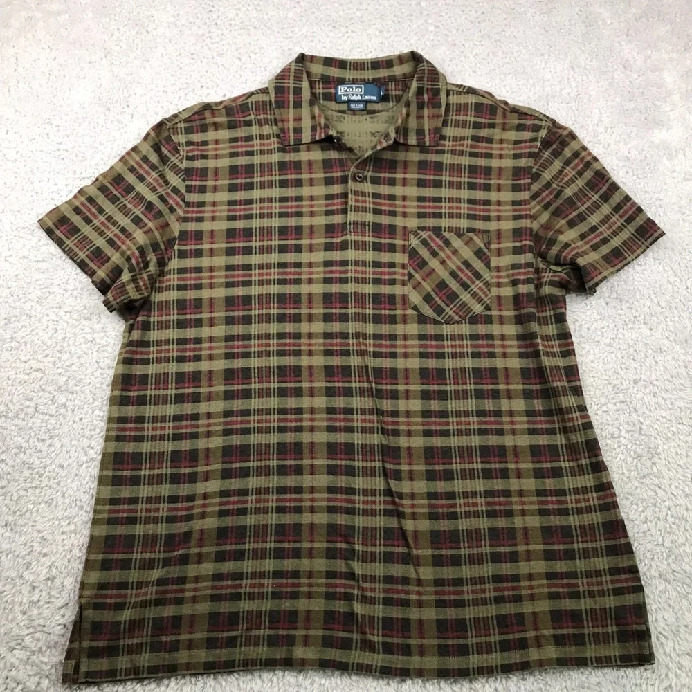 Vintage Polo Ralph Lauren Shirt Mens L Olive Plaid Gauze Cotton Jersey Pocket
